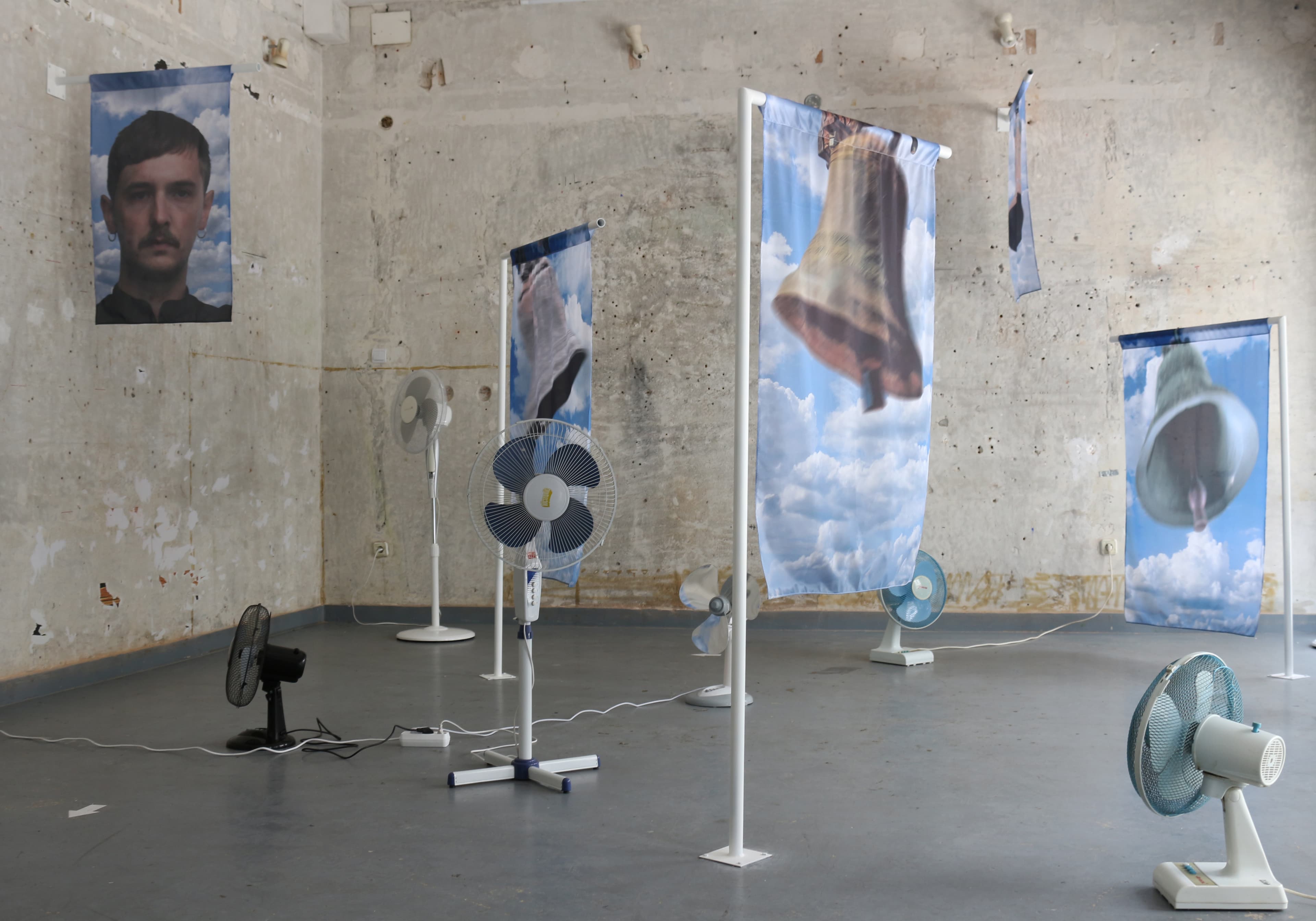 Senzații ieftine/Cheap thrills 2020, Atelier 35, Bucharest, curated by Horațiu Lipot. Electrical fans, dye print on polyester, iron flag holders, swan feather, variable dimensions by Matei Dumitriu