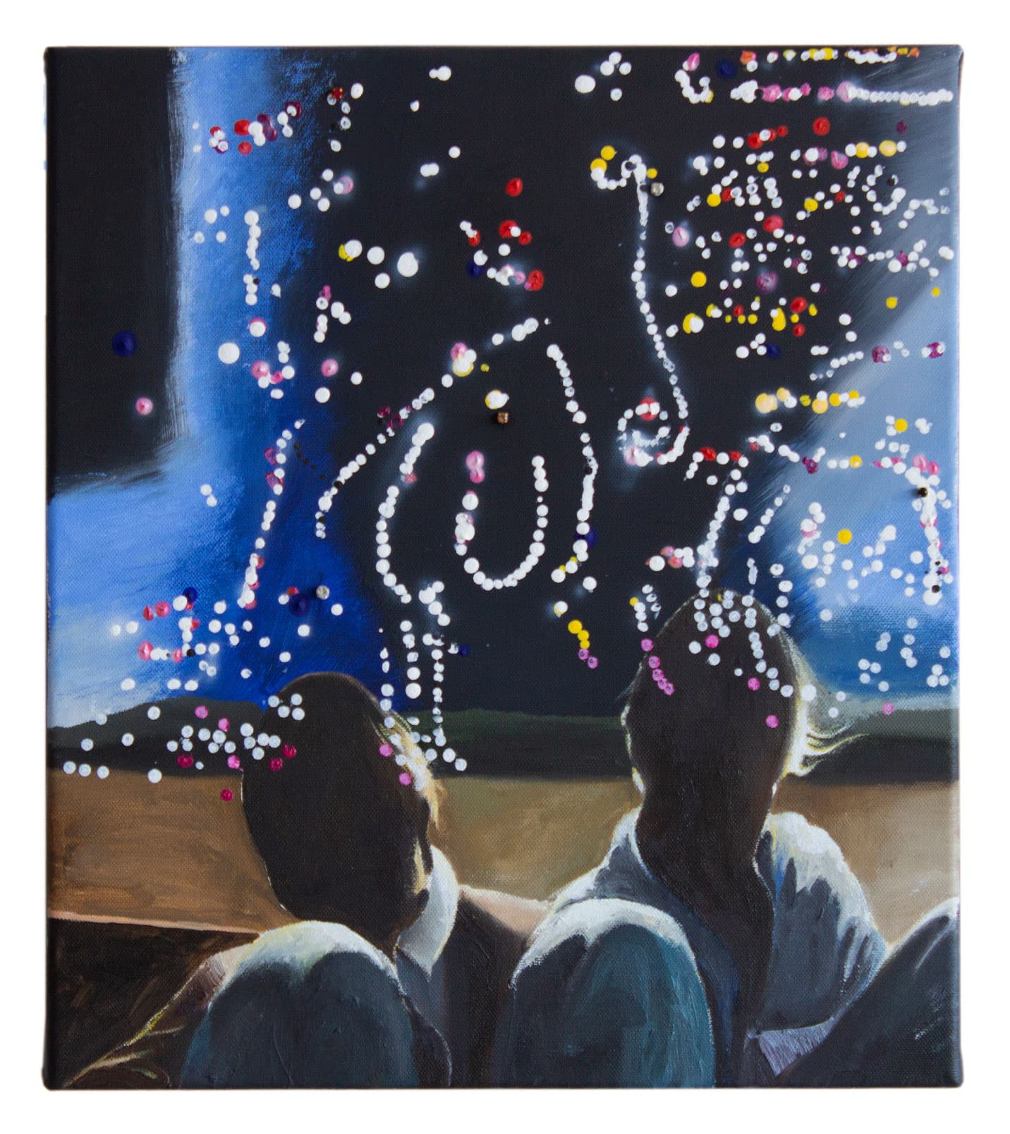Painting for commercials (Angels two) 2025, oil, acrylic and faux gemstones on linen, 35 x 40 cm by Matei Dumitriu