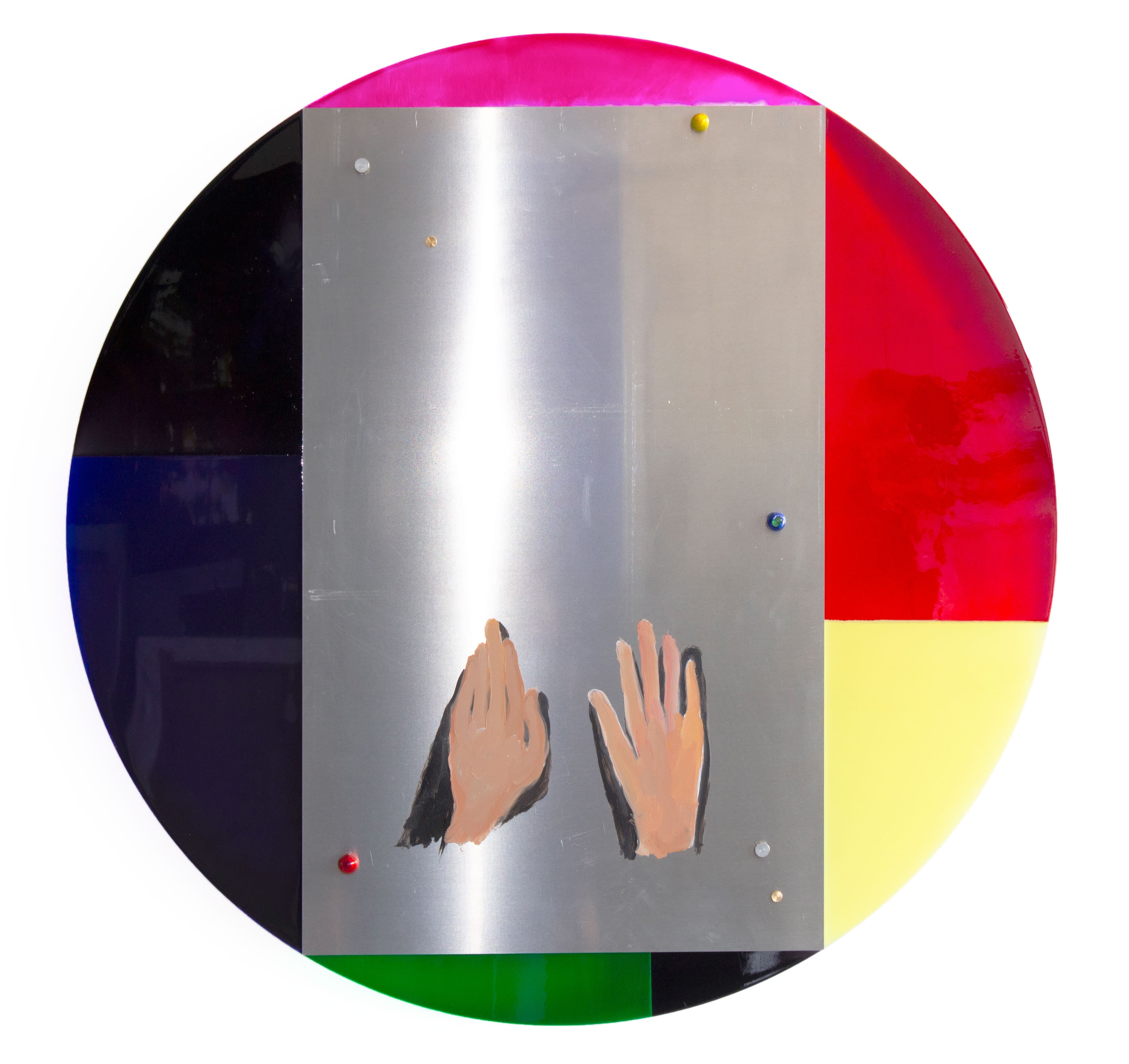 Object of envy 1 2026, plexiglas, vitrail paint, screws, oil on aluminium, 78Ø + by Matei Dumitriu