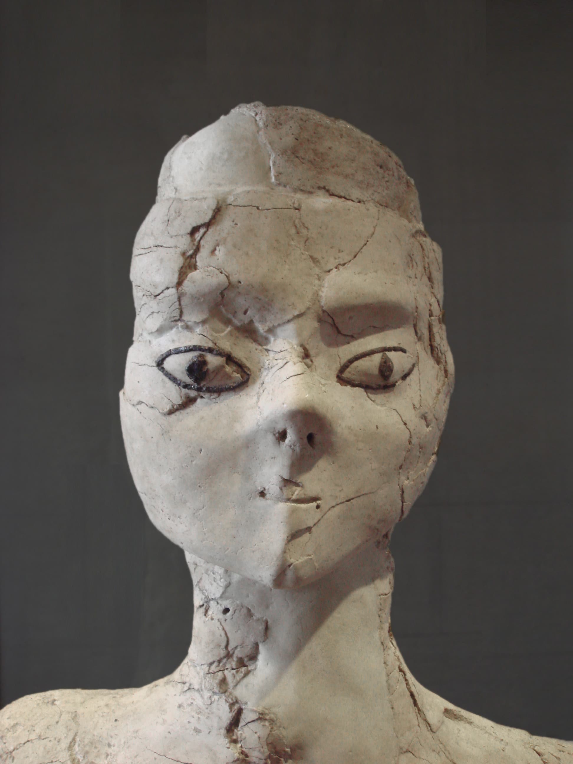 Ain Ghazal statue (frontal close-up) aprox 9000 BC, Jordan, lime plaster and reeds. Currently at Musée du Louvre, Paris by Matei Dumitriu