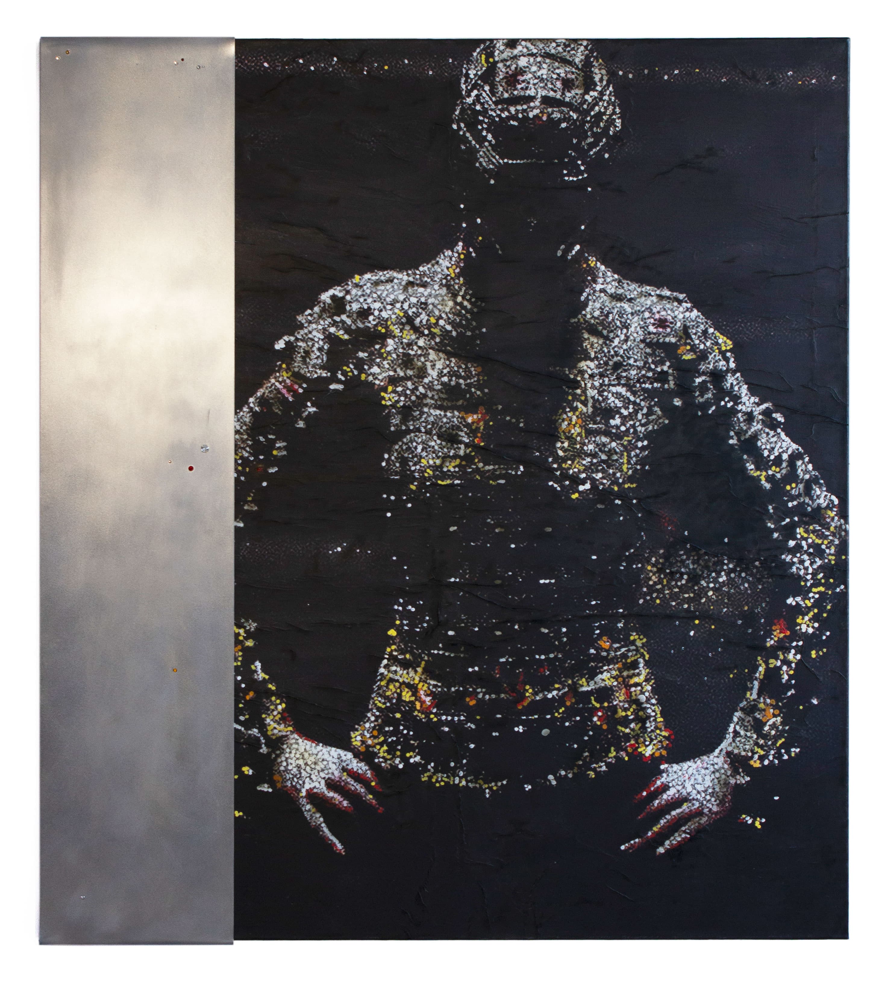 Painting for commercials (Angel13) 2025, iron, faux gemstones, acrylic, photo transfer on linen, 140 x 125 cm 
 + by Matei Dumitriu